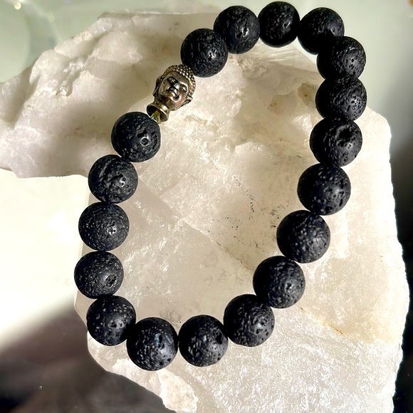 Jewelry - Black natural lava Buddha stretch bracelet. Unisex.
